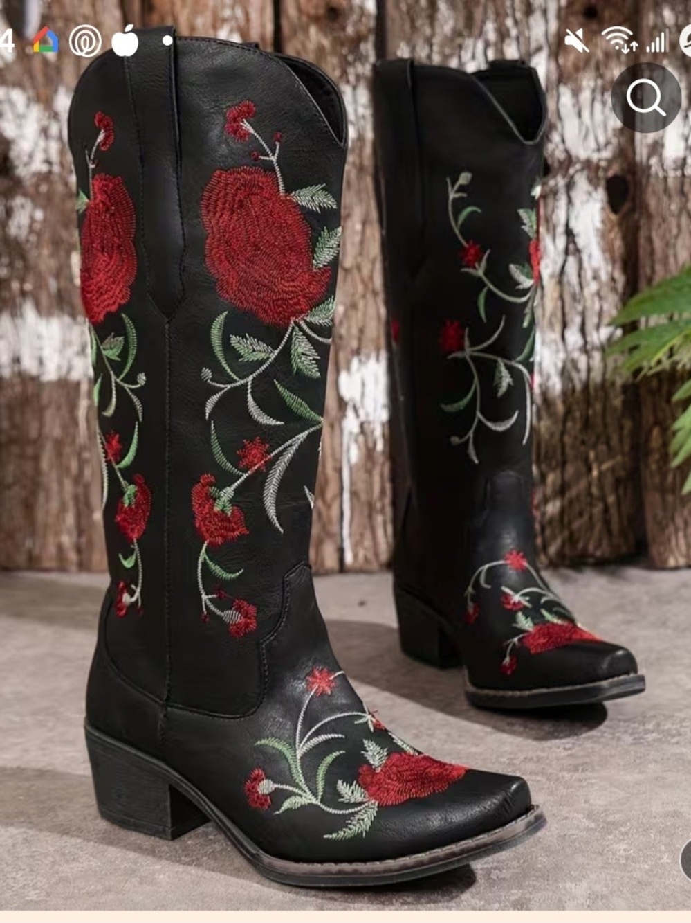 Women's Black Embroidered Rose Western Boots